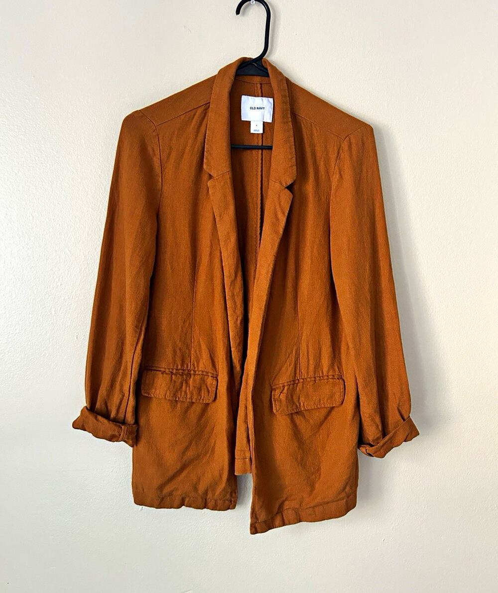 Old Navy Women's Linen Blend Open Front Blazer Size Small Rust Orange / Cognac B